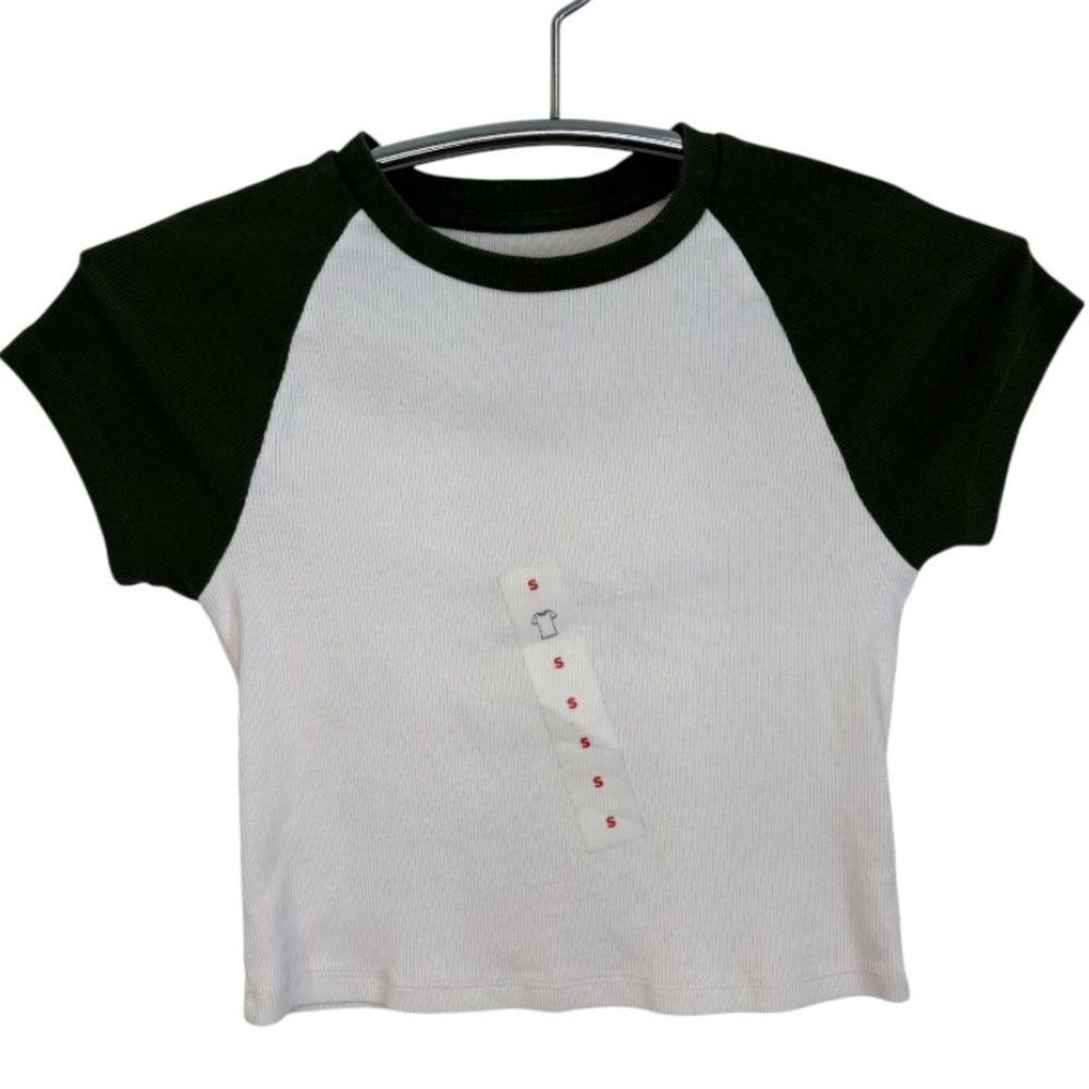 NWT Aerie Youth Girl Dark Green & White Raglan Baby T-Shirt Size Small